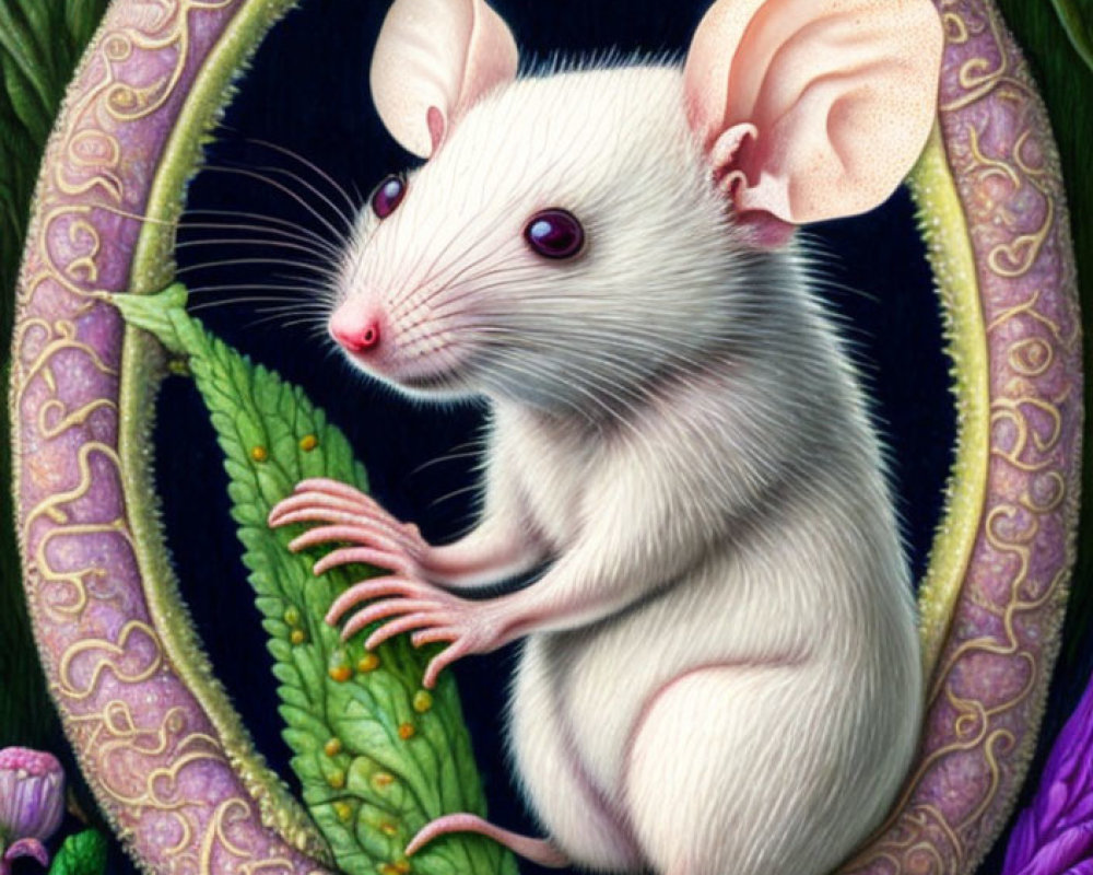 Detailed White Mouse Illustration with Pink Ears and Red Eyes on Ornate Floral Background