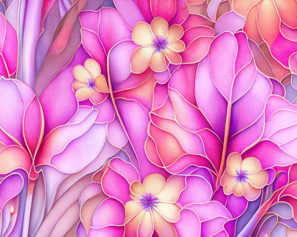 Colorful digital artwork of pink and purple flowers with intricate petal patterns