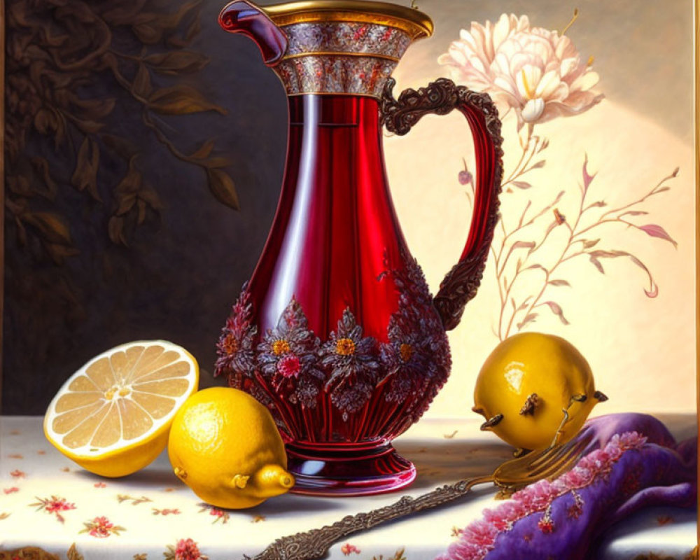 Detailed Still Life with Red Pitcher, Lemons, Silver Spoon, and Purple Cloth