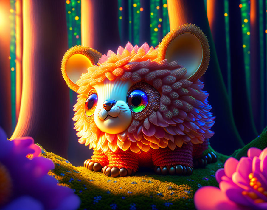 Colorful Creature Illustration in Magical Forest with Multicolored Eyes