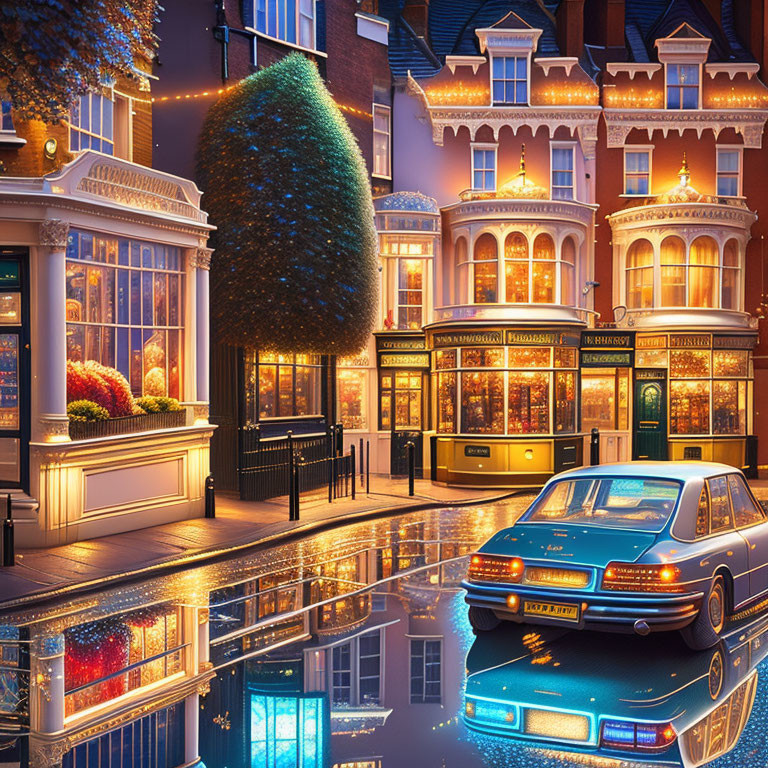 Illuminated storefronts, wet streets, classic car in evening cityscape