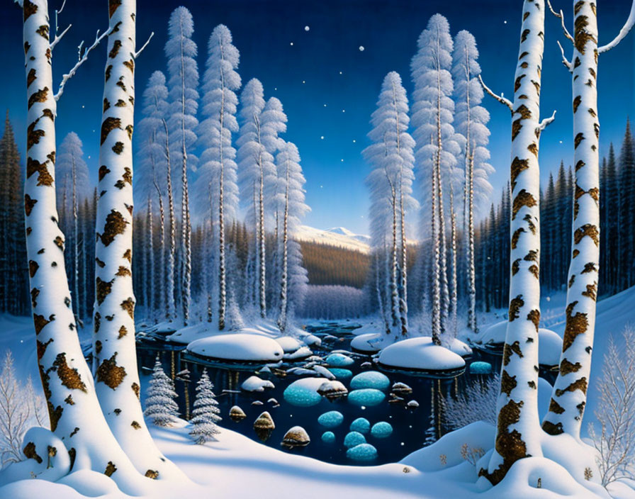 Winter night scene: snow-covered pine trees, white birch trunks, serene lake, glowing orbs