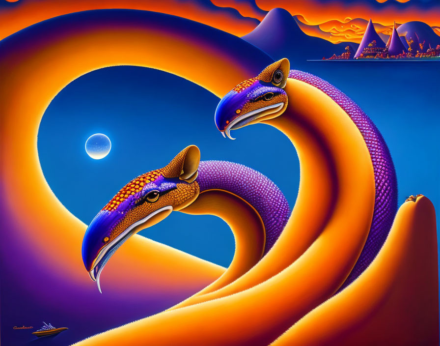 Vibrantly colored serpent-like creatures on swirling orange backdrop