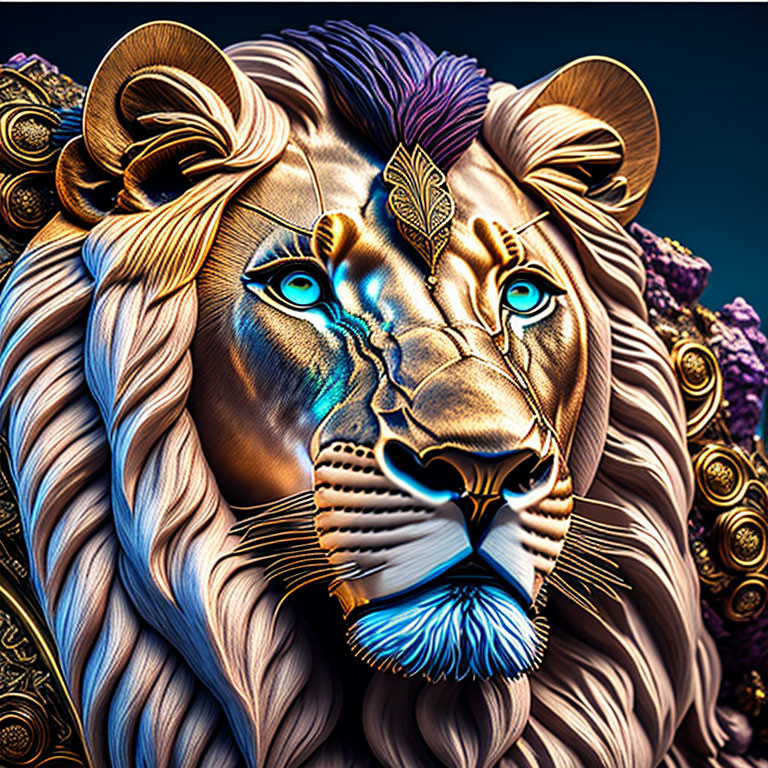 Stylized lion digital artwork with blue eyes and golden patterns