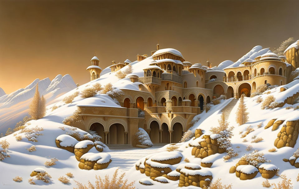 Snowy landscape with fantastical palace and arches