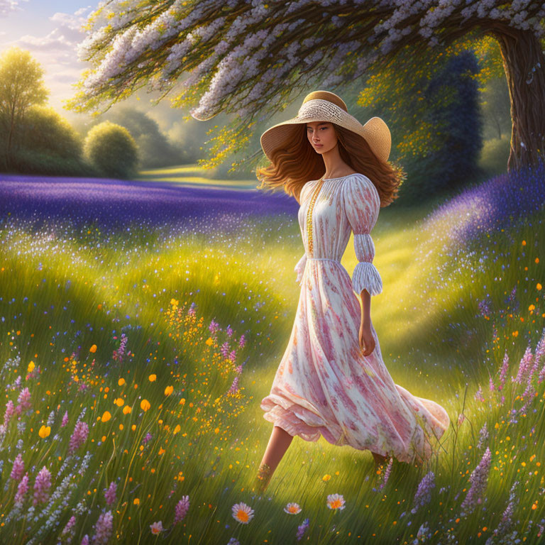 Woman in flowing dress and wide-brimmed hat in vibrant field of purple flowers