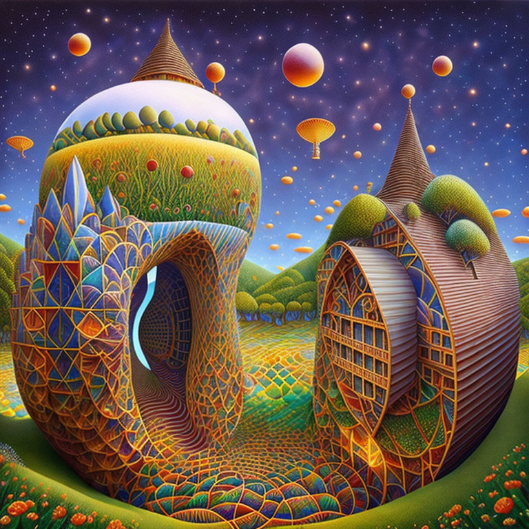Whimsical fantasy painting of vibrant towers and rolling hills