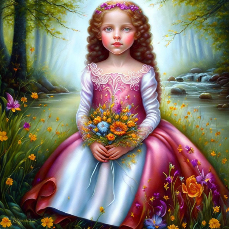 Young girl with curly hair in pink dress holding bouquet in whimsical forest setting