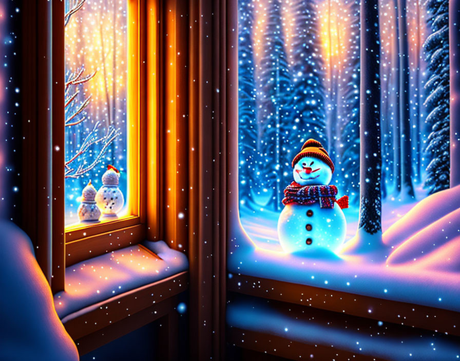 Snowman with hat and scarf beside mini snowman in snowy forest at dusk