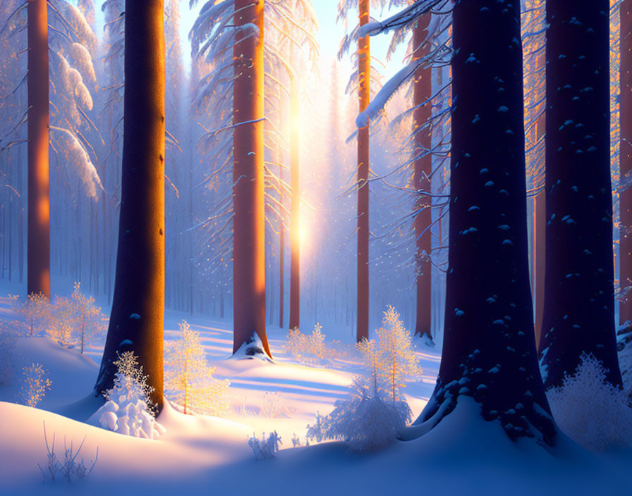 Snowy forest at sunrise: tall trees, long shadows on fresh snow