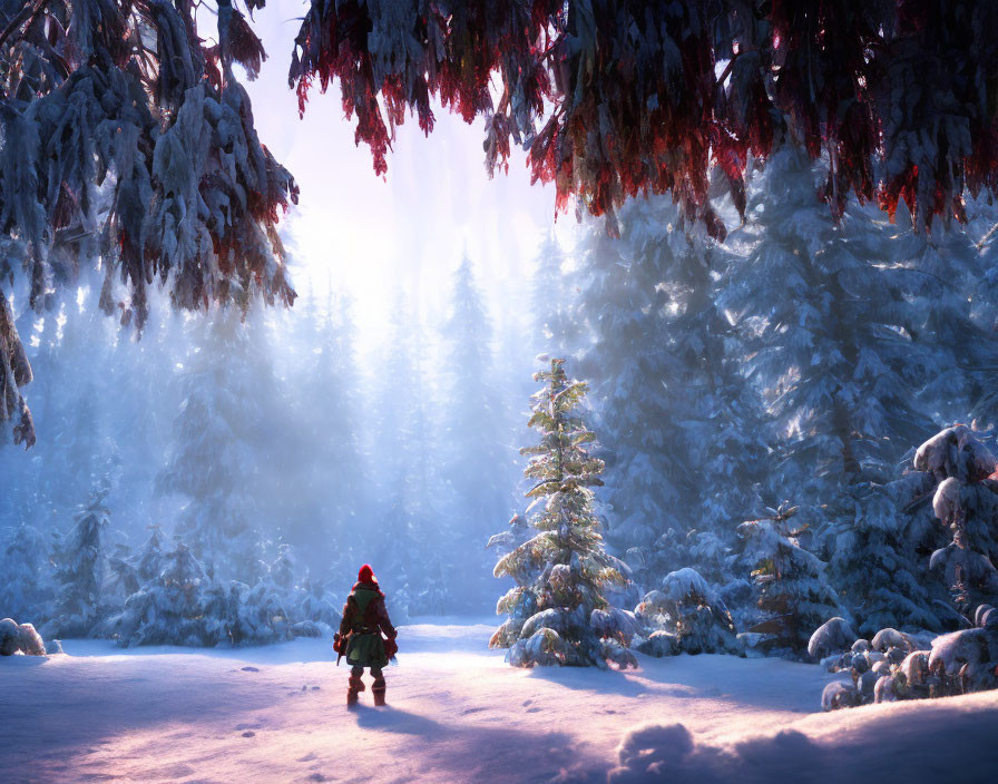 Person in Red Coat Walking Through Snowy Forest with Sunbeams