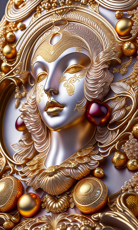 Golden feminine mask with intricate patterns and jewels for an elegant, regal look