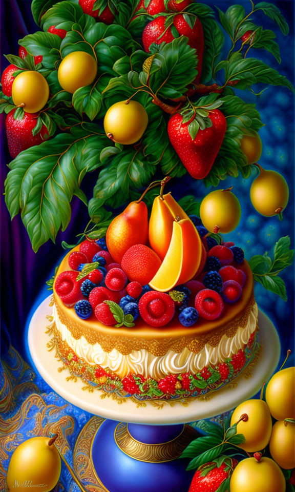 Fruit-laden tree above ornate cake with mango slices on blue backdrop