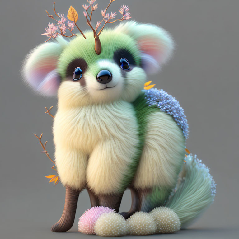 Fluffy creature with large ears, bushy tail, and tree-like antlers