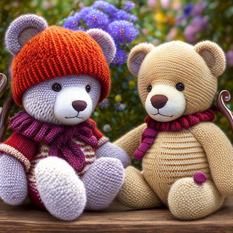 Knitted Teddy Bears with Scarves in Orange Hat and Greenery Background