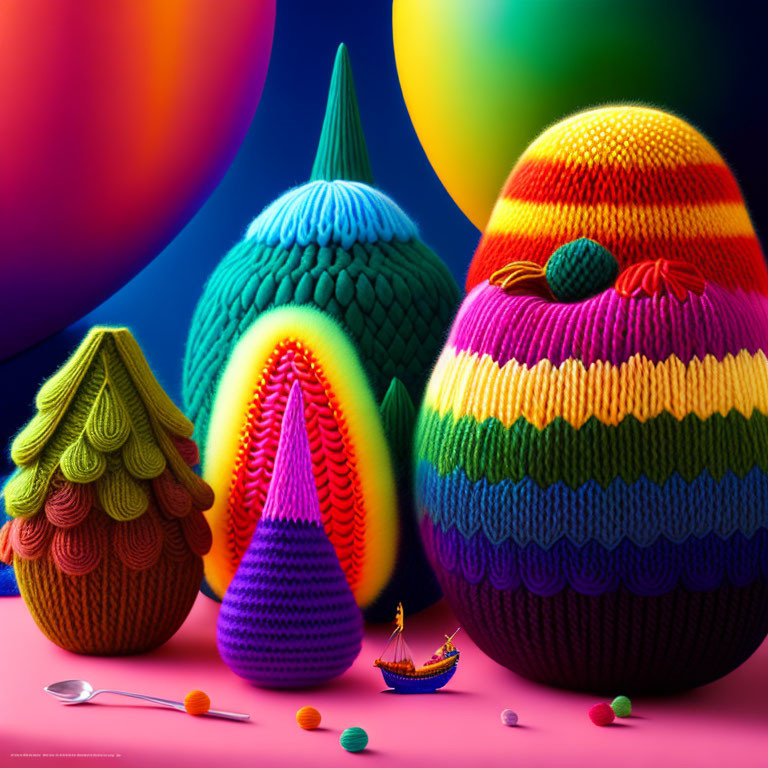 Vibrant knitted hills and boat on surreal, colorful landscape