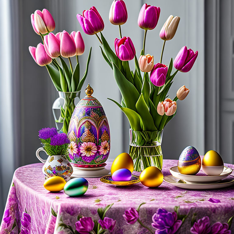 Colorful Easter Decor with Tulips, Eggs, and Teapot