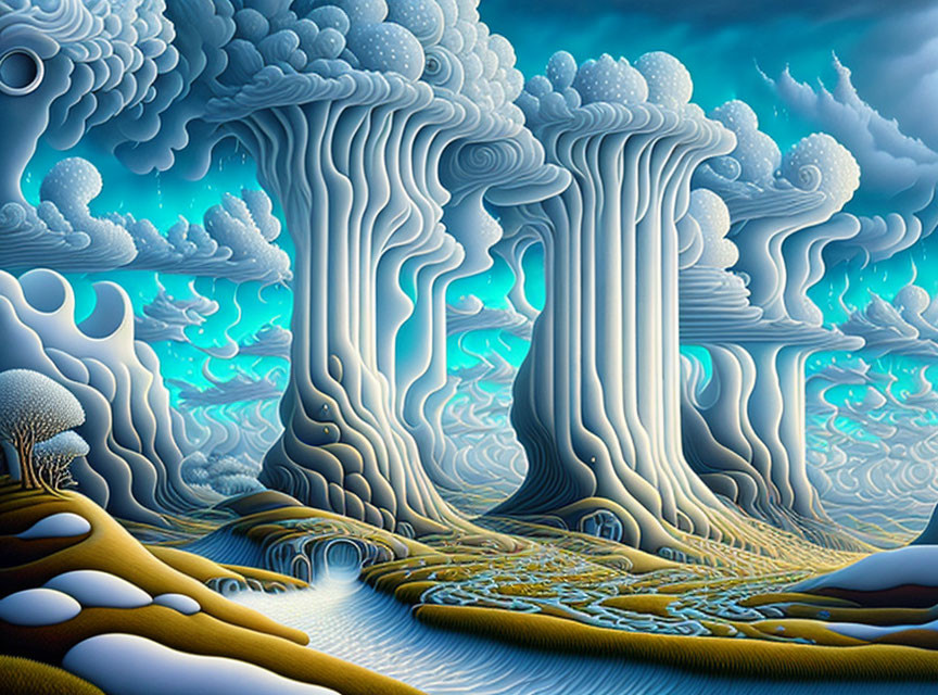 Surreal Landscape: Stylized Trees, Undulating Patterns, Blue-White Palette