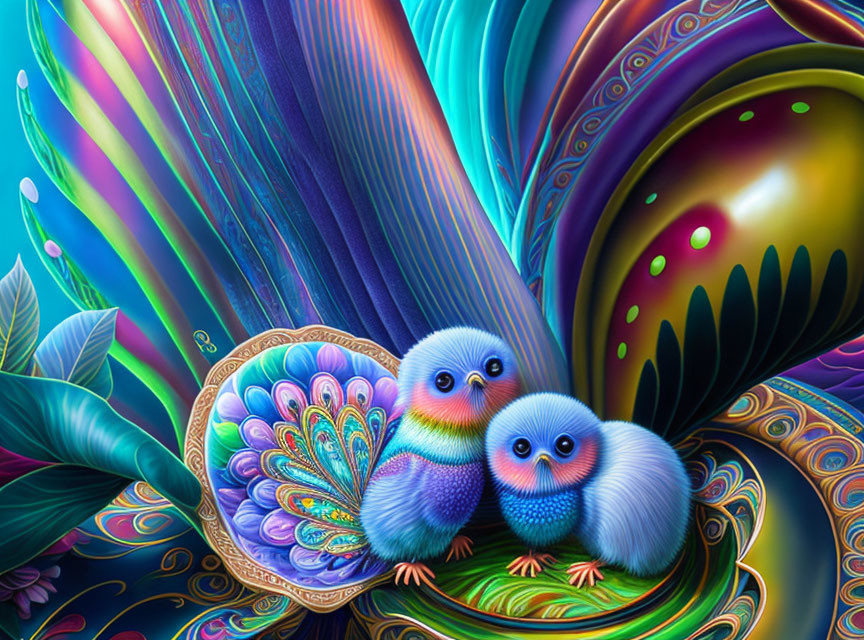 Colorful fantasy birds in vibrant, psychedelic setting