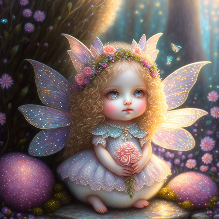 Wide-eyed fairy with flower crown in mystical forest.