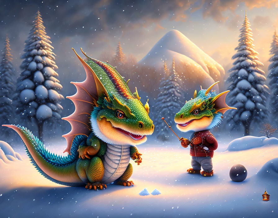 Whimsical dragons in snowy landscape with jacket and snowball