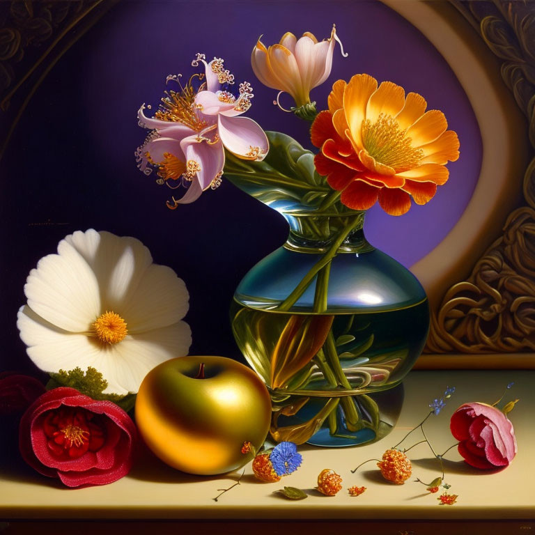 Colorful Flowers and Apple in Green Vase Still Life Painting