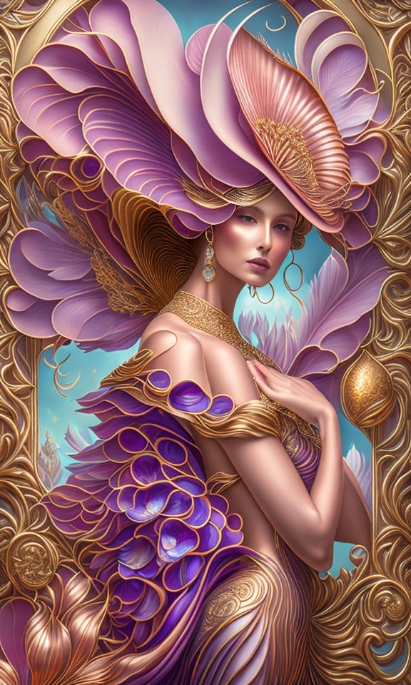 Stylized illustration of woman with purple & gold feathers and art nouveau backdrop