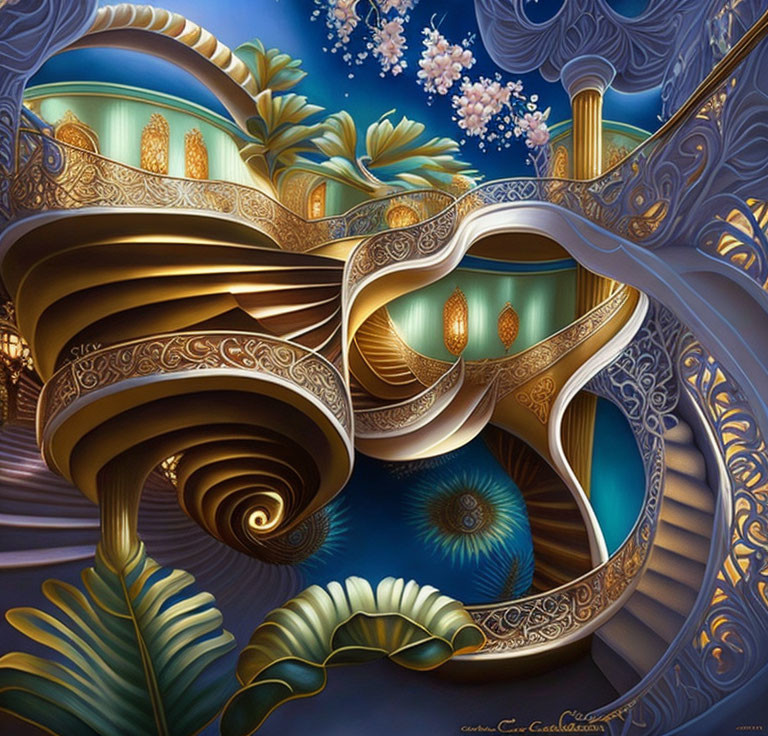 Detailed Fantasy Artwork: Swirling Staircases, Ornate Columns, Peacock Feathers on