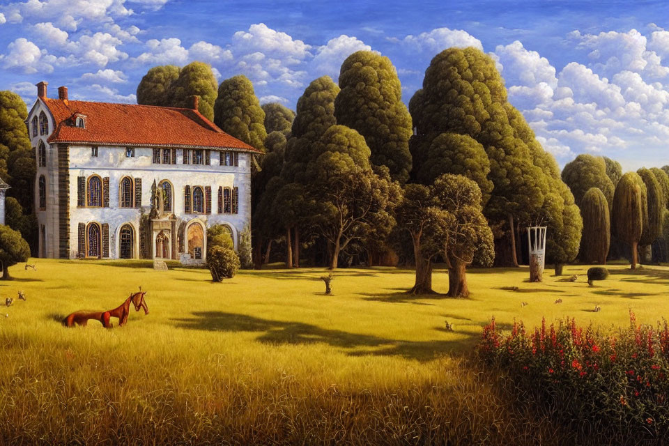 Tranquil landscape with classic house, trees, horse, and blue sky