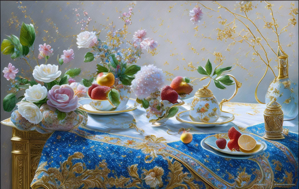 Luxurious Still Life Featuring Teaware, Fruit, Flowers, and Blue-Gold Tablecloth