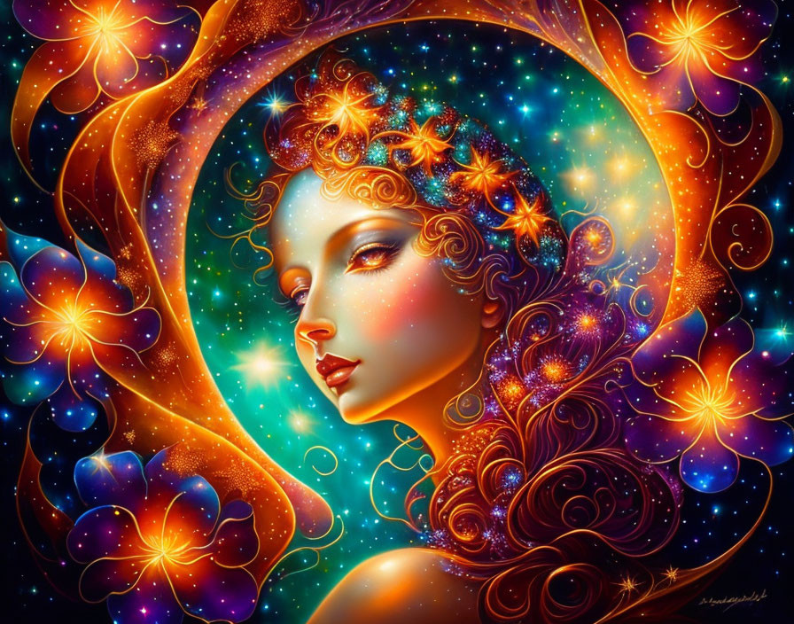 Colorful digital artwork: Woman's profile with space hair and cosmic background