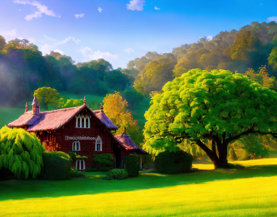 Red Roof Cottage Surrounded by Greenery Under Blue Sky