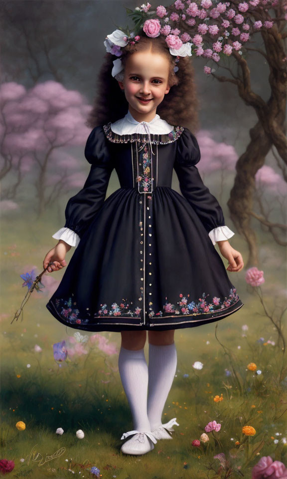 Digital artwork: Young girl in vintage black dress with floral embroidery, white socks, flowers in hair,