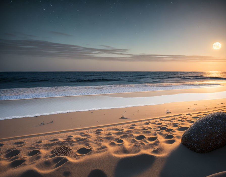 Tranquil Twilight Beach Scene with Moon, Stars, Footprints, and Stone