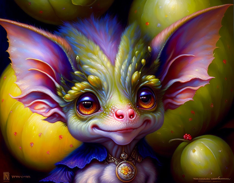 Whimsical creature with bat-like ears in lush greenery