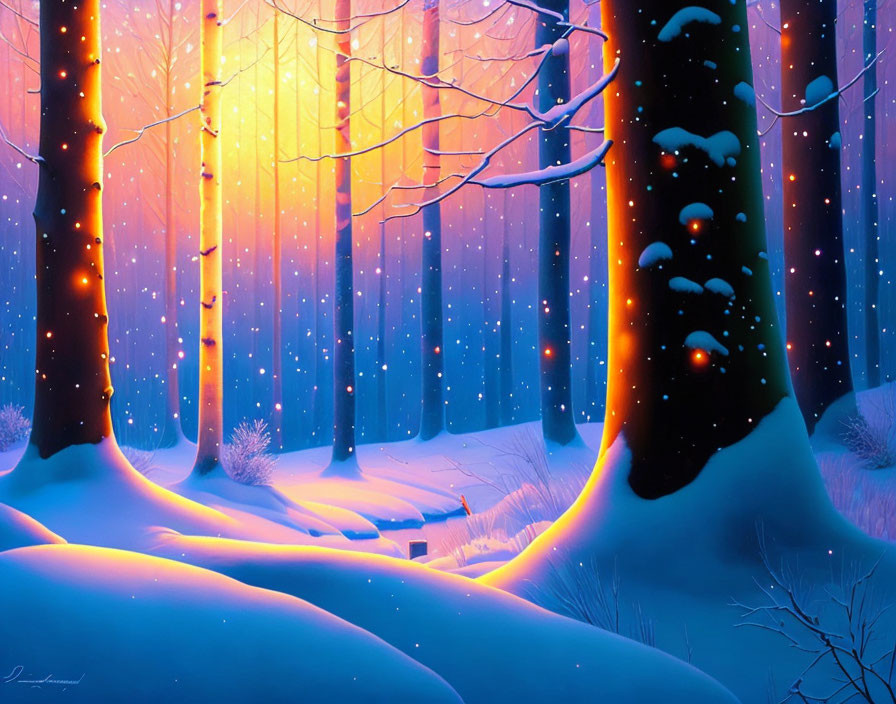 Vibrant Winter Forest Scene with Glowing Colors