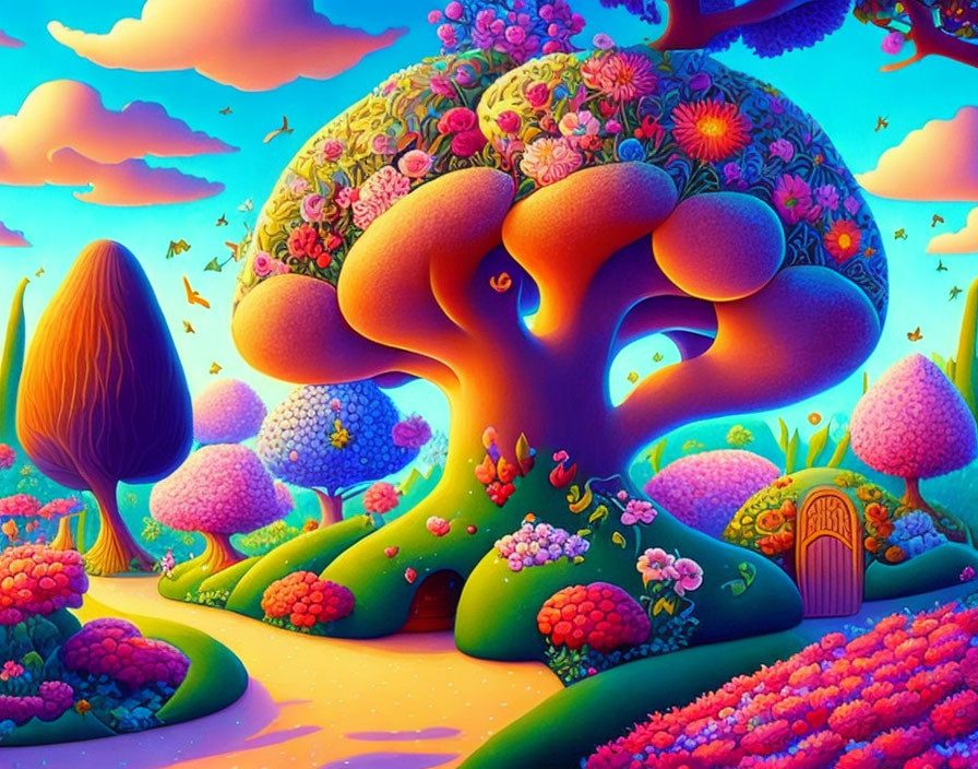 Colorful Fantasy Landscape with Oversized Mushrooms and Whimsical Trees