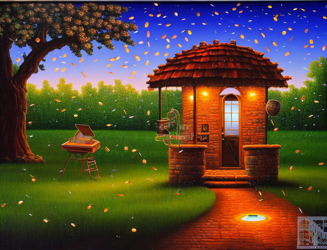 Illustration of small brick well in lush meadow with glowing light, fireflies, starry sky
