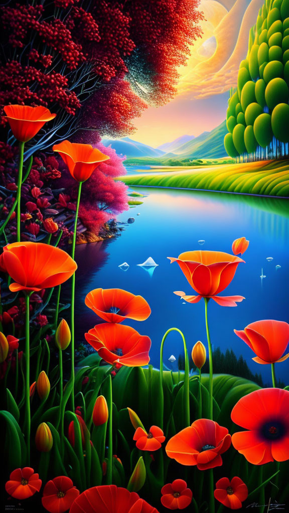 Colorful landscape with poppies, blue river, green hills, trees, and sunset