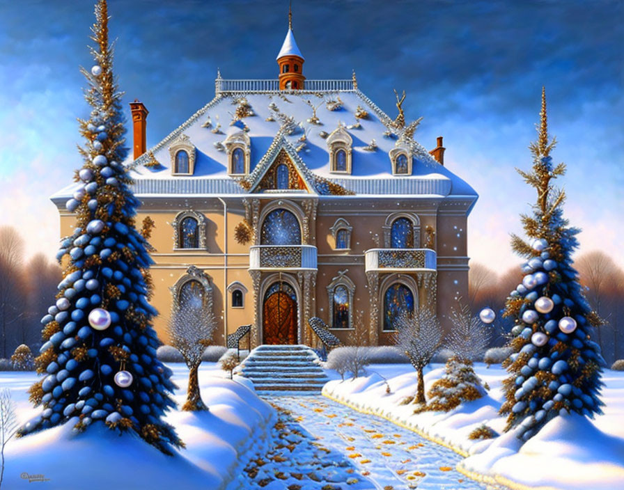 Festive Lights Adorn Ornate Mansion in Snowy Landscape