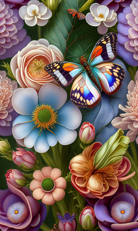 Colorful Butterfly on Detailed Flowers with Descending Spider