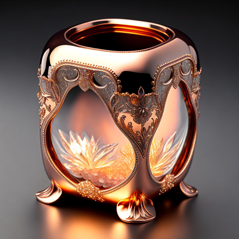 Ornate Golden Candle Holder with Intricate Designs and Warm Reflections