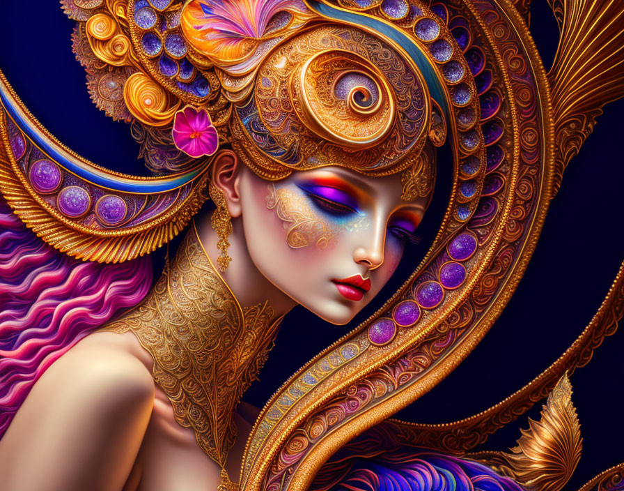 Colorful digital artwork of woman with golden headgear and jewelry