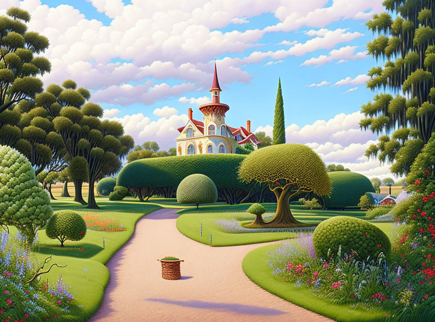 Whimsical castle in manicured gardens under blue sky