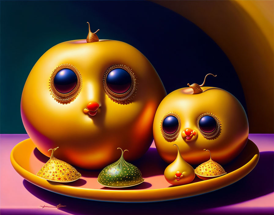 Stylized anthropomorphic golden fruits with colorful fruits on plate against two-tone background