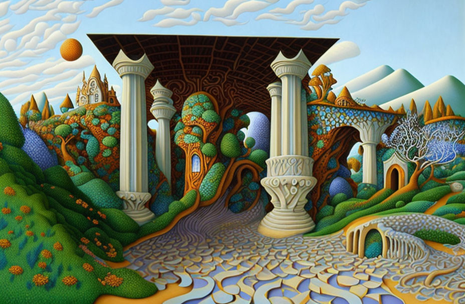 Surreal landscape with winding paths, classical columns, whimsical trees, and patterned sun