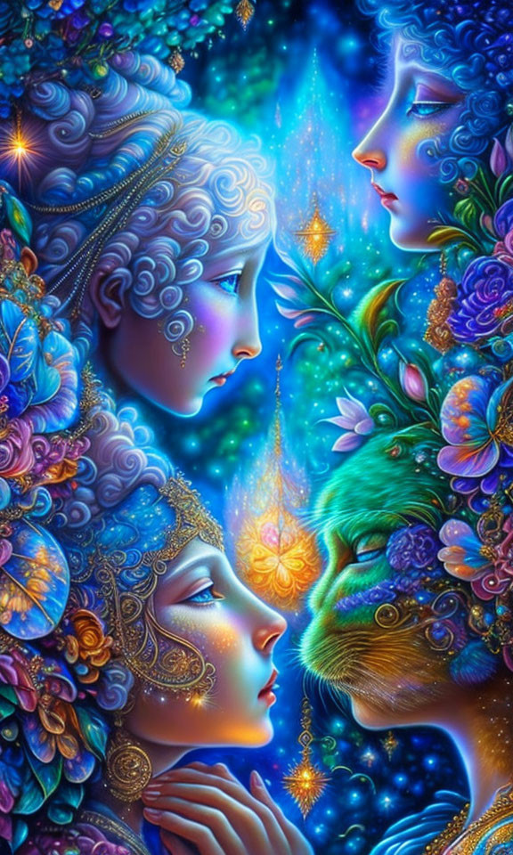 Intricately decorated faces in mystical blue fantasy scene