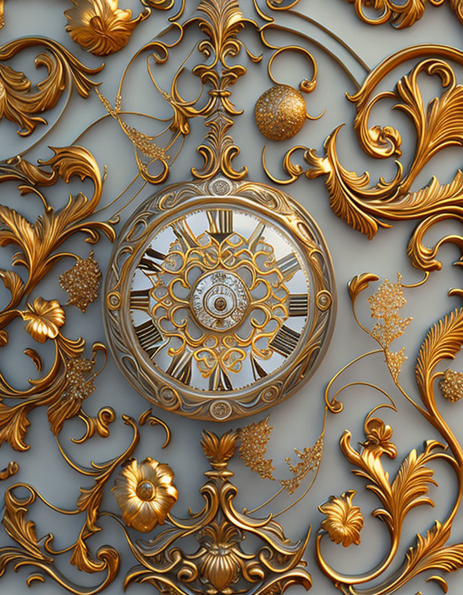 Intricate Baroque Golden Clock on Grey Background