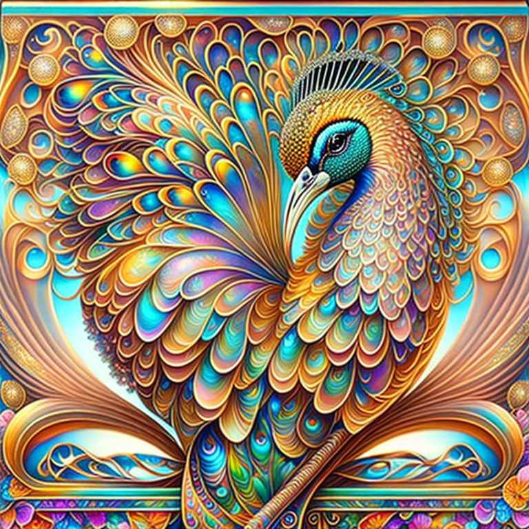 Colorful Peacock Illustration with Elaborate Feathers & Rich Palette