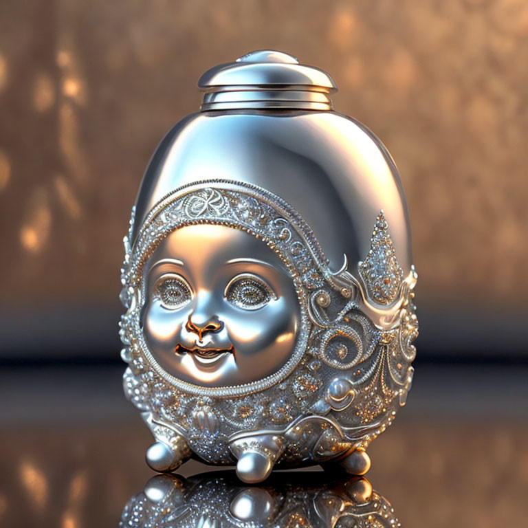 Intricately designed silver jar with baby's face and golden light reflection